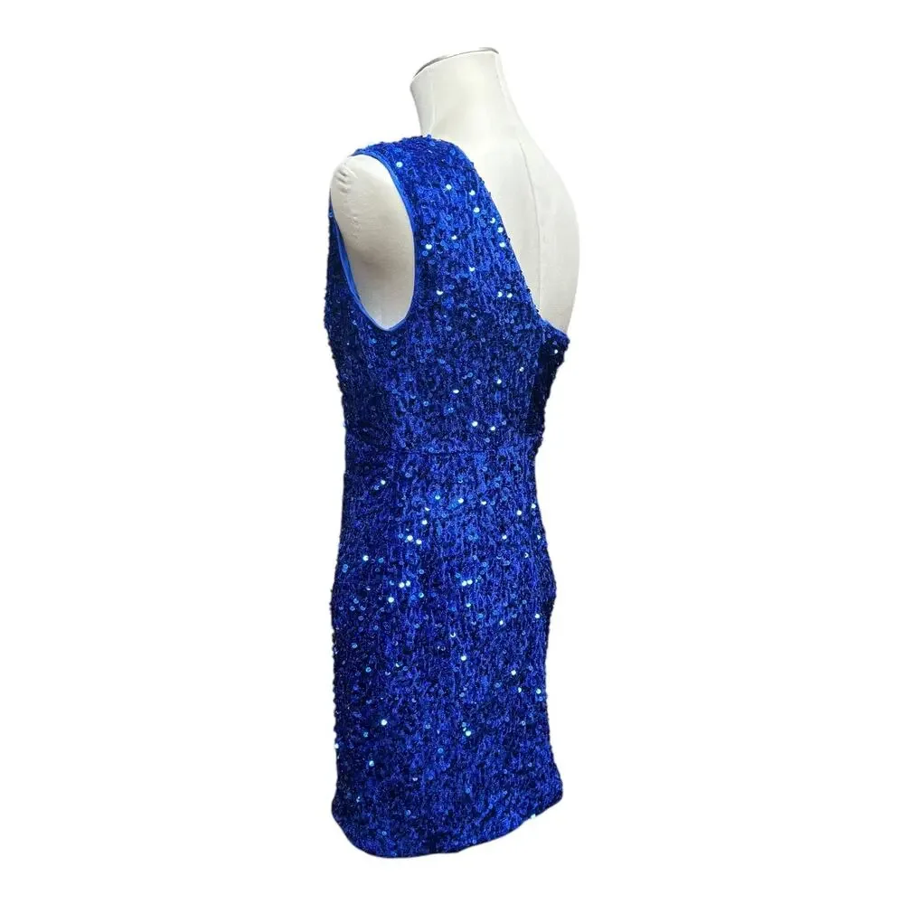 One Shoulder Velvety Sequin Mini Dress Blue Medium